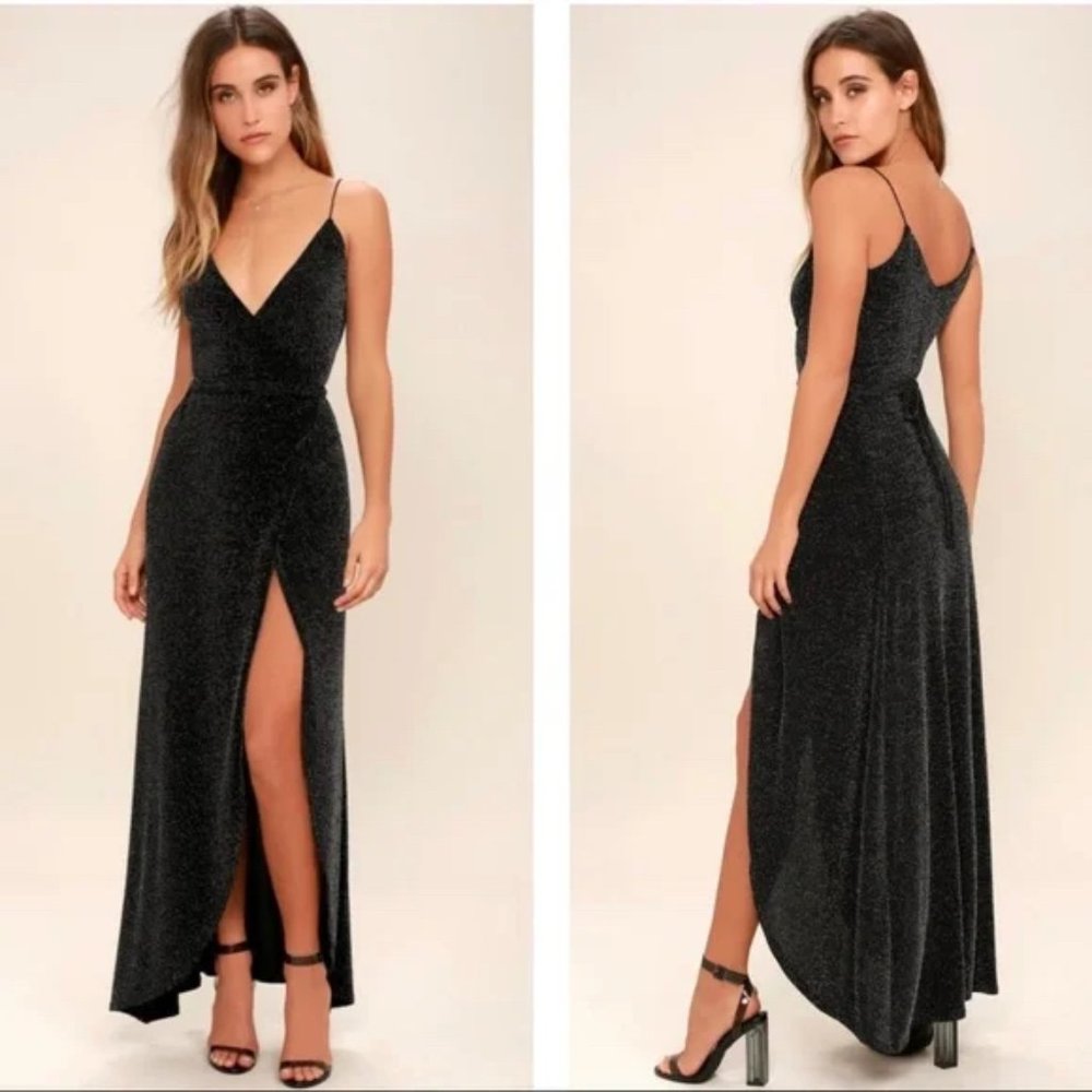 Lulu’s Celestial Black and Silver Wrap Maxi Dress in Black - Size XS